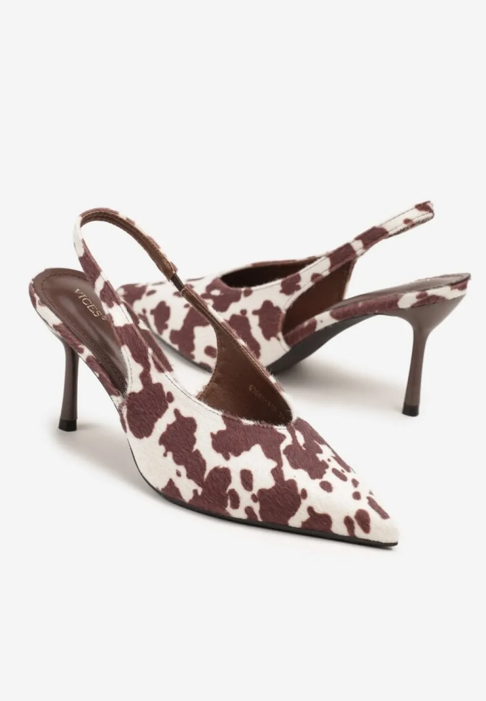 Brązowe Czółenka Sandały Slingback Vices w Krowie Łaty na Obcasie Typu Szpilka Tilionea