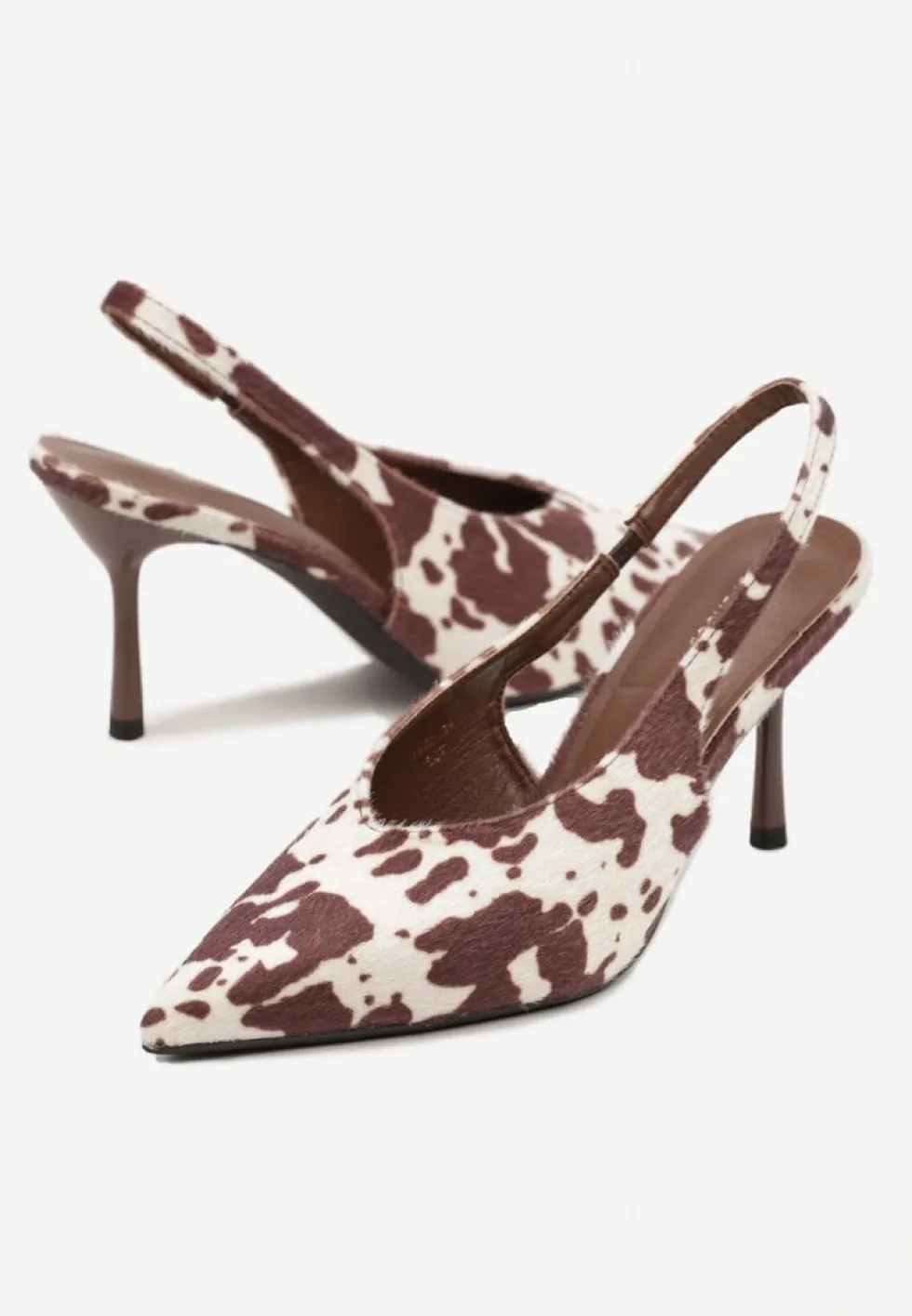 Brązowe Czółenka Sandały w Krowie Łaty na Szpilce Typu Slingback Addoxie
