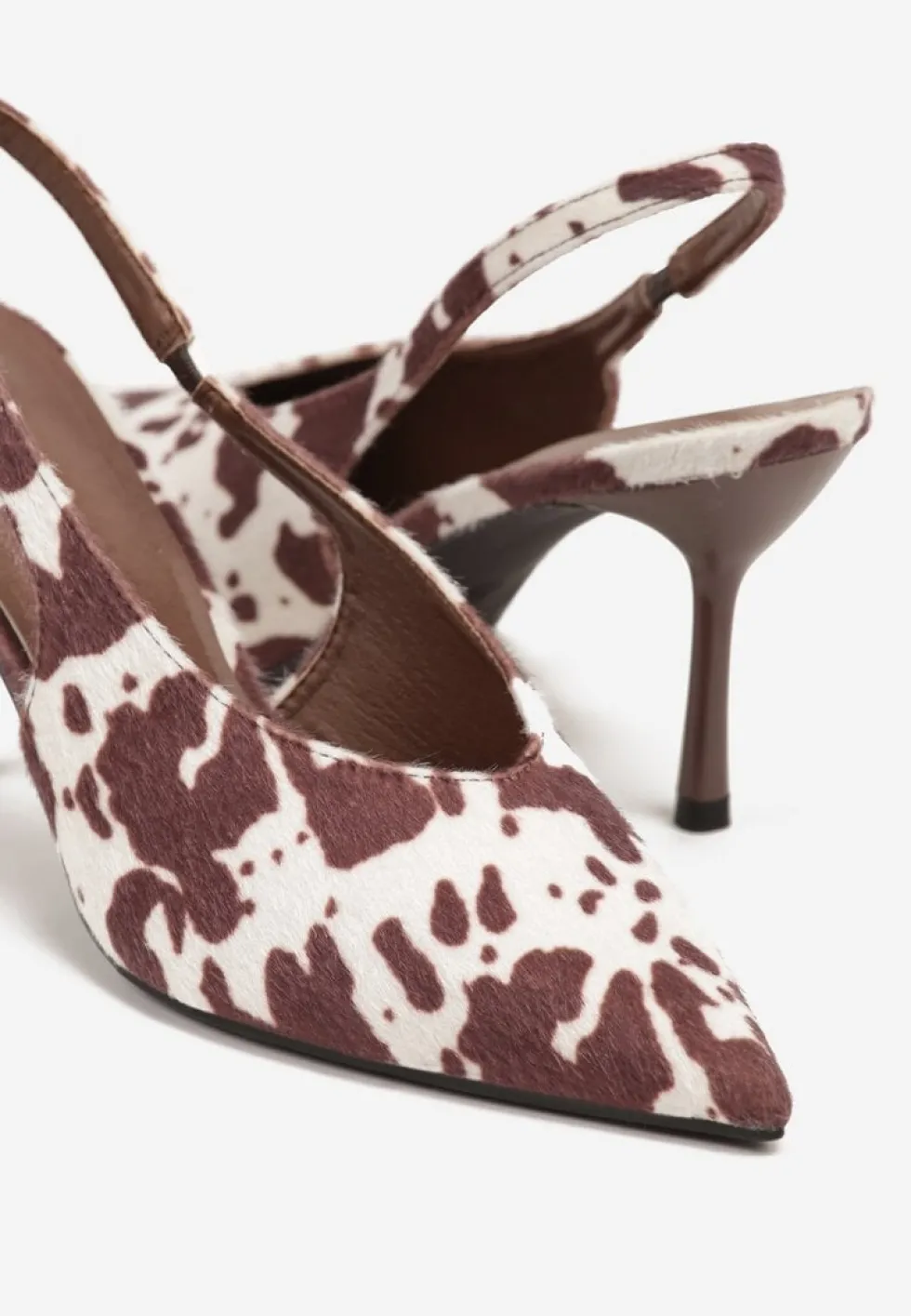 Brązowe Czółenka Sandały w Krowie Łaty na Szpilce Typu Slingback Addoxie