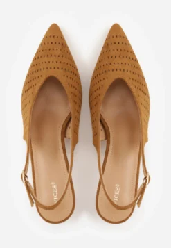 Brązowe Czółenka Slingback VICES na Kaczuszce z Ażurową Cholewką Klephei