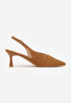 Brązowe Czółenka Slingback VICES na Kaczuszce z Ażurową Cholewką Klephei