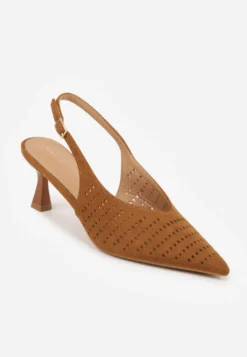 Brązowe Czółenka Slingback VICES na Kaczuszce z Ażurową Cholewką Klephei