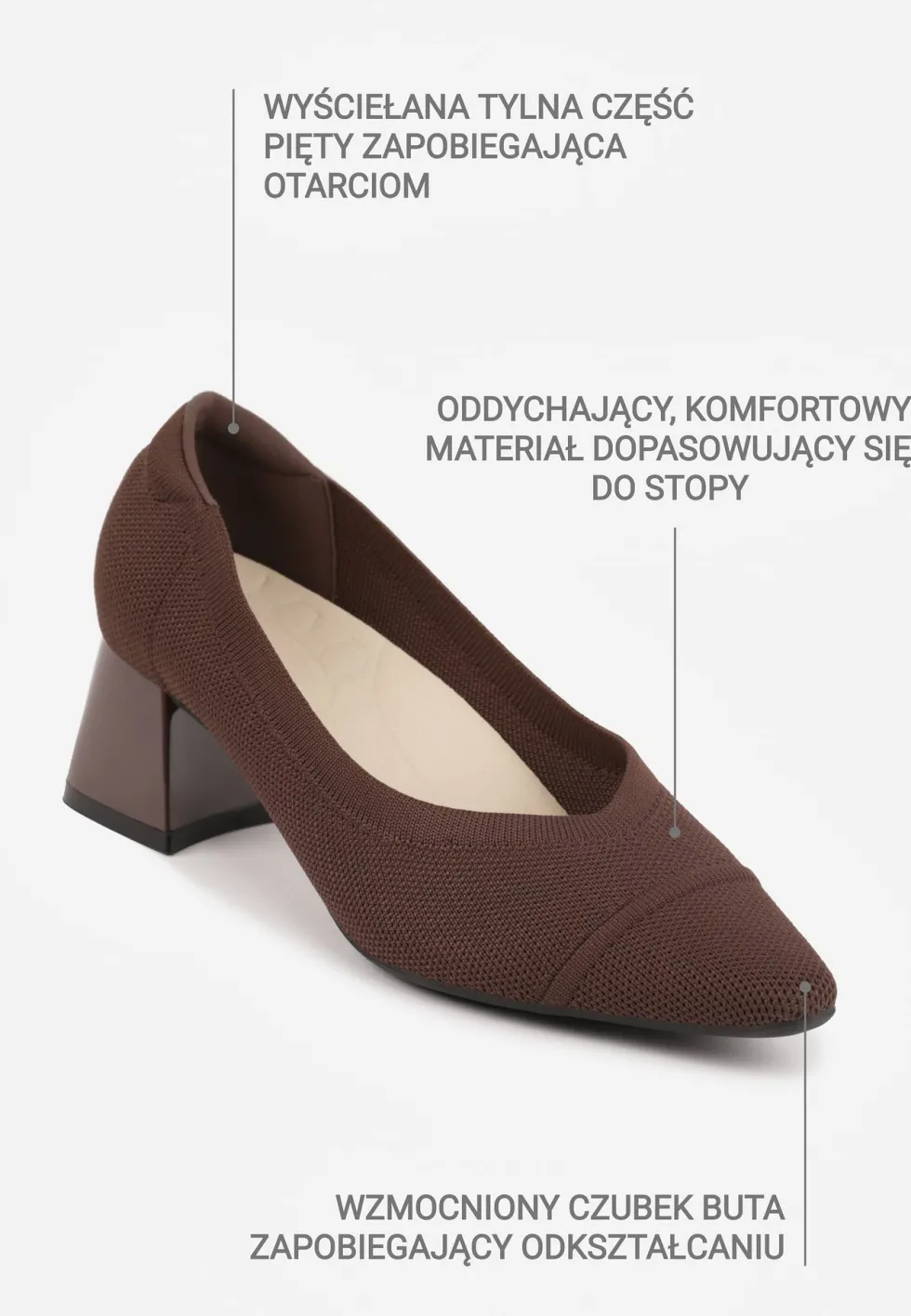 Brązowe Czółenka VICES na Niskim Obcasie z Elastycznej Dzianiny z Amortyzującą Wkładką Zaehira