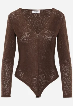 Brązowe Eleganckie Koronkowe Body z Dekoltem w Szpic Vattia