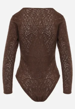 Brązowe Eleganckie Koronkowe Body z Dekoltem w Szpic Vattia