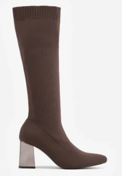 Brązowe Eleganckie Kozaki VICES na Metalicznym Obcasie ze Skarpetkową Cholewką Nalaina