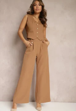 Brązowe Eleganckie Spodnie Dzwony z Ozdobnymi Patkami w Pasie Nattas