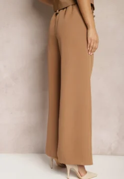 Brązowe Eleganckie Spodnie Dzwony z Ozdobnymi Patkami w Pasie Nattas