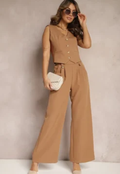 Brązowe Eleganckie Spodnie Dzwony z Ozdobnymi Patkami w Pasie Nattas