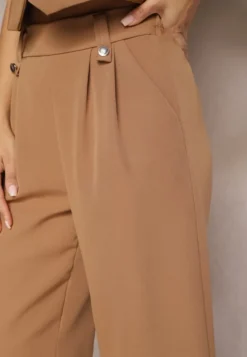 Brązowe Eleganckie Spodnie Dzwony z Ozdobnymi Patkami w Pasie Nattas