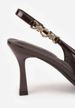 Brązowe Eleganckie Szpilki Slingback VICES z Ozdobną Aplikacją przy Pasku Natera