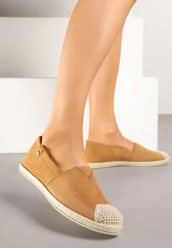 Brązowe Espadryle z Elastyczną Wstawką Zdobione Plecionką Kinellis