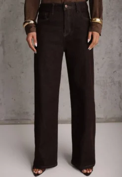 Brązowe Jeansy High Waist Szerokie z Bawełną Azile