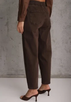 Brązowe Jeansy Mom Fit z Bawełny ze Ściągaczem i Wiązaniem w Talii Naubel