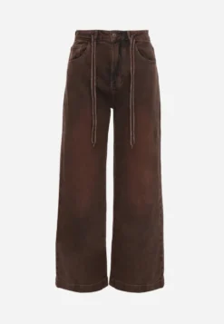 Brązowe Jeansy Straigh Leg Regular Waist z Bawełny z Regulowanym Sznurkiem w Talii Rukmini