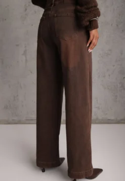 Brązowe Jeansy Straigh Leg Regular Waist z Bawełny z Regulowanym Sznurkiem w Talii Rukmini