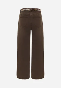 Brązowe Jeansy Wide Leg z Bawełny z Zatrzaskami i Materiałowym Paskiem z Koralikami Bunitte