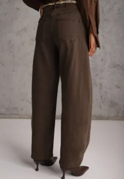 Brązowe Jeansy Wide Leg z Bawełny z Zatrzaskami i Materiałowym Paskiem z Koralikami Bunitte