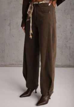 Brązowe Jeansy Wide Leg z Bawełny z Zatrzaskami i Materiałowym Paskiem z Koralikami Bunitte