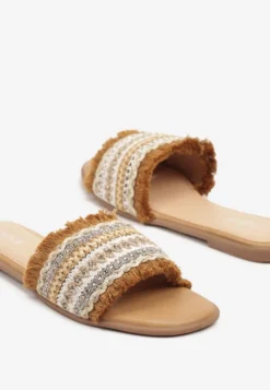 Brązowe Klapki Ozdobione Cyrkoniami i Frędzlami w Stylu Boho Ridivenna