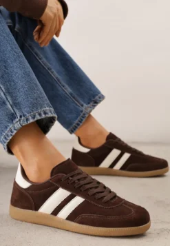 Brązowe Klasyczne Sneakersy Typu Tenisówki ze Skóry Naturalnej Azurra