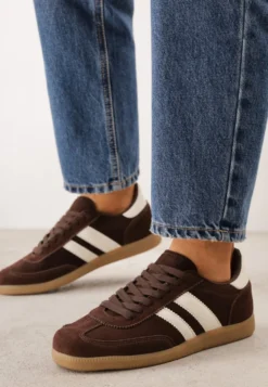 Brązowe Klasyczne Sneakersy Typu Tenisówki ze Skóry Naturalnej Azurra