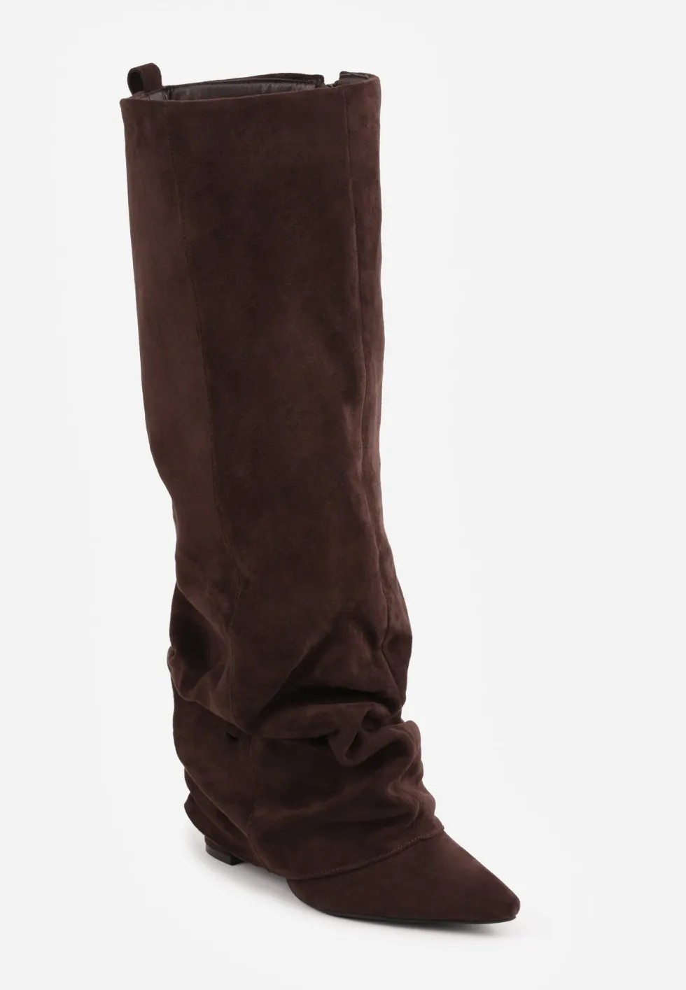 Brązowe Kozaki na Słupku z Marszczoną Wywiniętą Cholewką Beca