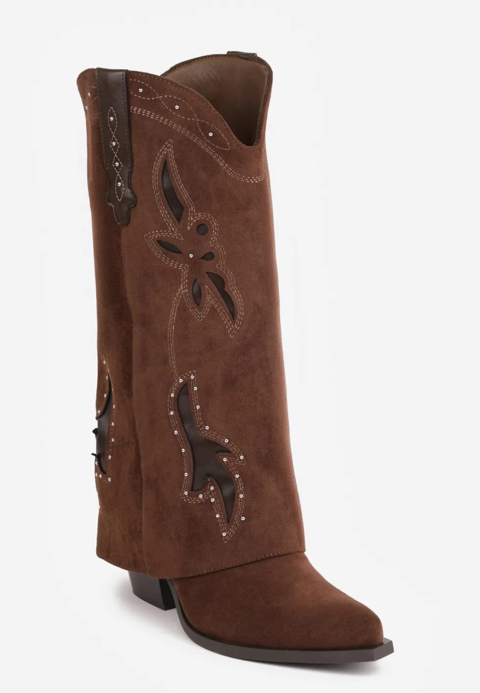 Brązowe Kozaki w Stylu Kowbojek z Cholewką Imitującą Nogawkę z Ozdobnymi Cyrkoniami na Obcasie Anemona