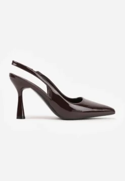 Brązowe Lakierowane Sandały Szpilki Typu Slingback Ulios