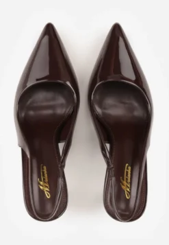 Brązowe Lakierowane Sandały Szpilki Typu Slingback Ulios