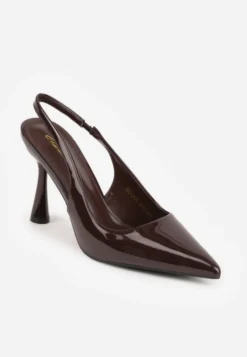 Brązowe Lakierowane Sandały Szpilki Typu Slingback Ulios