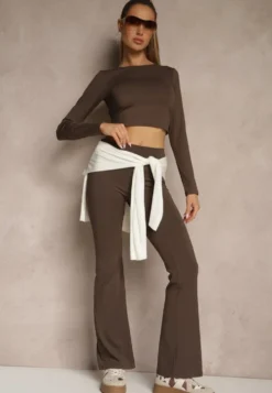 Brązowe Legginsy Dzwony High Waist Orruvana