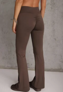 Brązowe Legginsy Flare High Waist Ozdobione z Tyłu Modelującym Marszczeniem Deinoreia