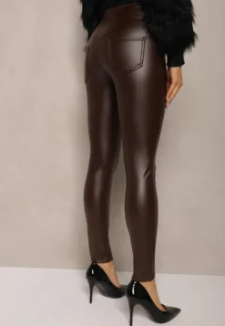 Brązowe Legginsy High Waist z Imitacjami Kieszeni Salabria