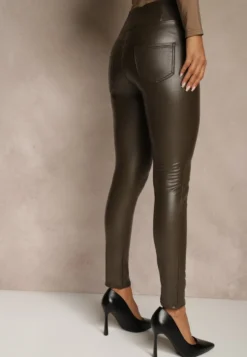 Brązowe Legginsy z Imitacji Skóry High Waist z Ociepleniem Felilith