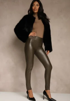 Brązowe Legginsy z Imitacji Skóry High Waist z Ociepleniem Felilith