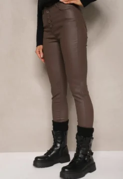 Brązowe Modelujące Spodnie z Imitacji Skóry o Fasonie Skinny Caetana
