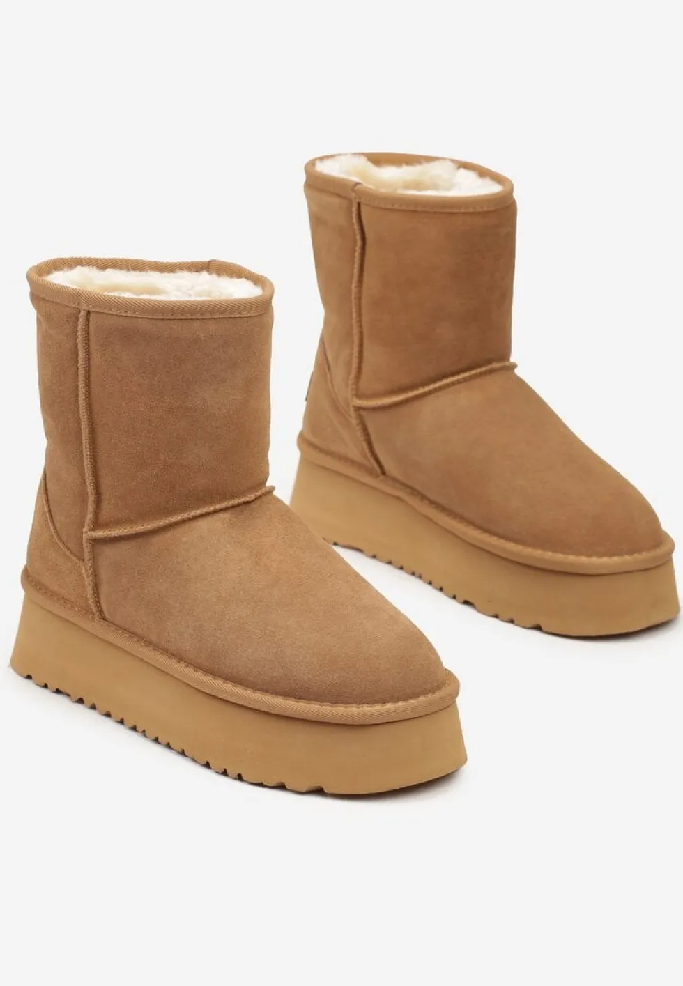 Brązowe Śniegowce na Platformie ze Skóry Naturalnej z Przeszyciami Mirinna