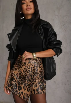 Brązowe Panterkowe Asymetryczne Spódnico-Szorty High Waist z Imitacji Skóry Atoriea
