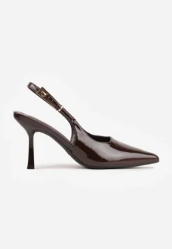 Brązowe Sandały Lakierowane na Szpilce Vices Typu Slingback Tilazea