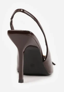 Brązowe Sandały Lakierowane VICES na Szpilce Slingback z Metaliczną Klamrą Harmonia