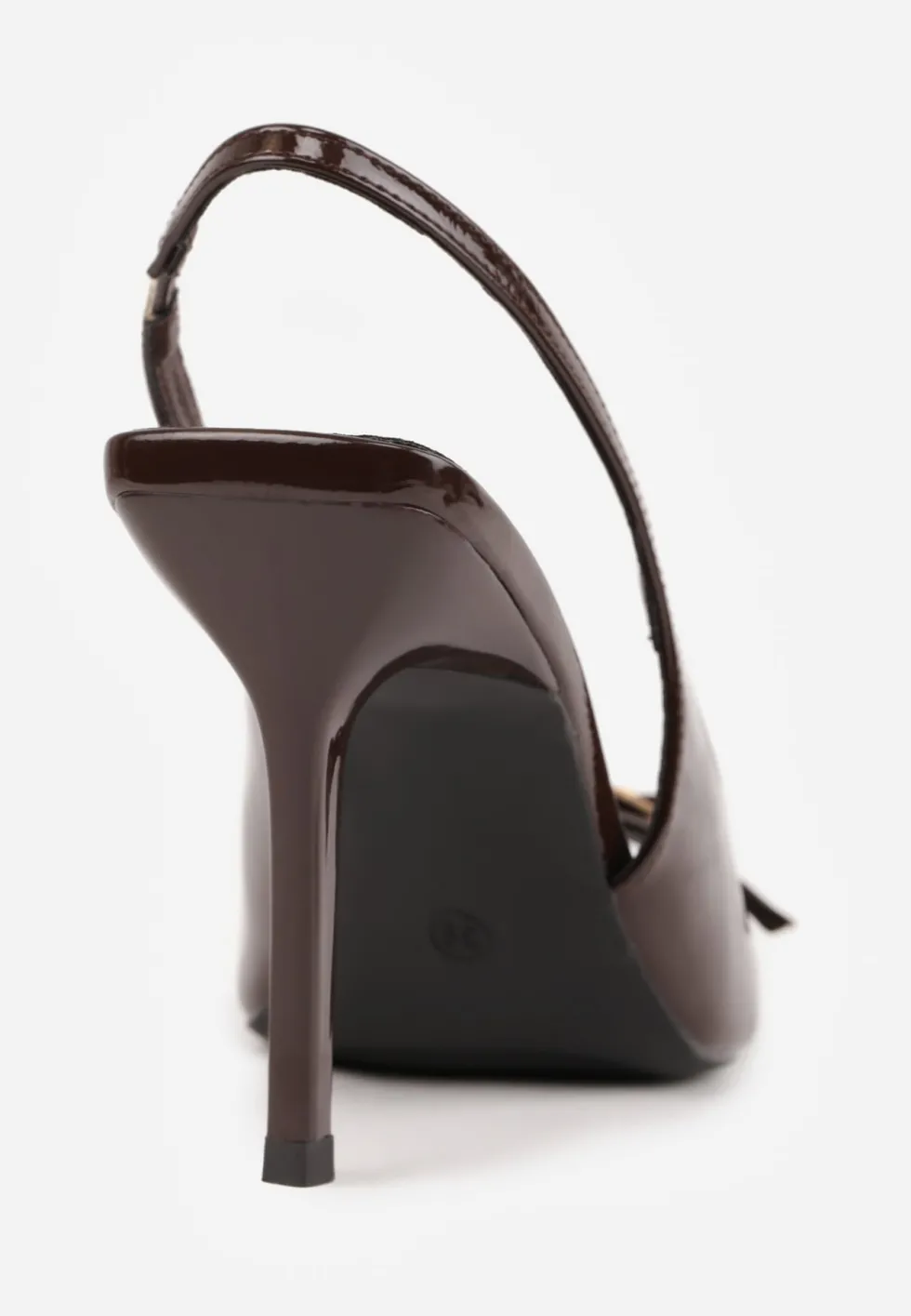 Brązowe Sandały Lakierowane VICES na Szpilce Slingback z Metaliczną Klamrą Harmonia