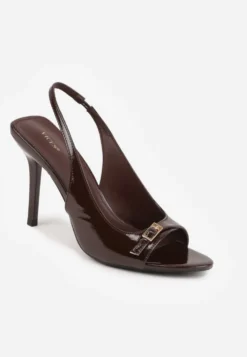 Brązowe Sandały Lakierowane VICES na Szpilce Slingback z Metaliczną Klamrą Harmonia