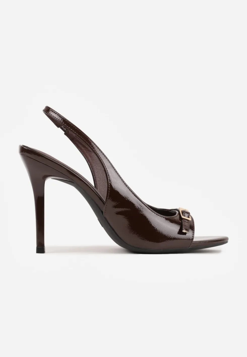 Brązowe Sandały Lakierowane VICES na Szpilce Slingback z Metaliczną Klamrą Harmonia
