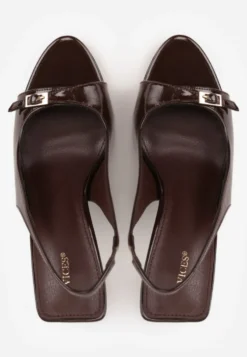 Brązowe Sandały Lakierowane VICES na Szpilce Slingback z Metaliczną Klamrą Harmonia