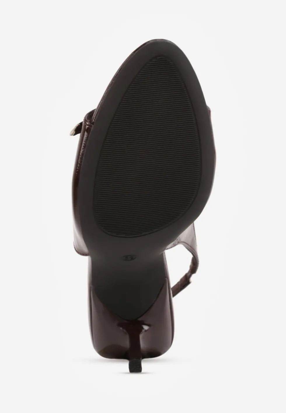 Brązowe Sandały Lakierowane VICES na Szpilce Slingback z Metaliczną Klamrą Harmonia