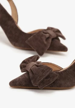 Brązowe Sandały na Szpilce Slingback z Kokardą Sunaiel