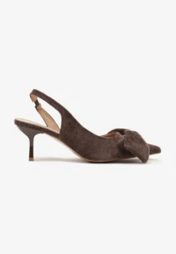 Brązowe Sandały na Szpilce Slingback z Kokardą Sunaiel
