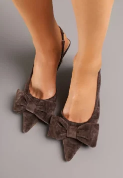 Brązowe Sandały na Szpilce Slingback z Kokardą Sunaiel