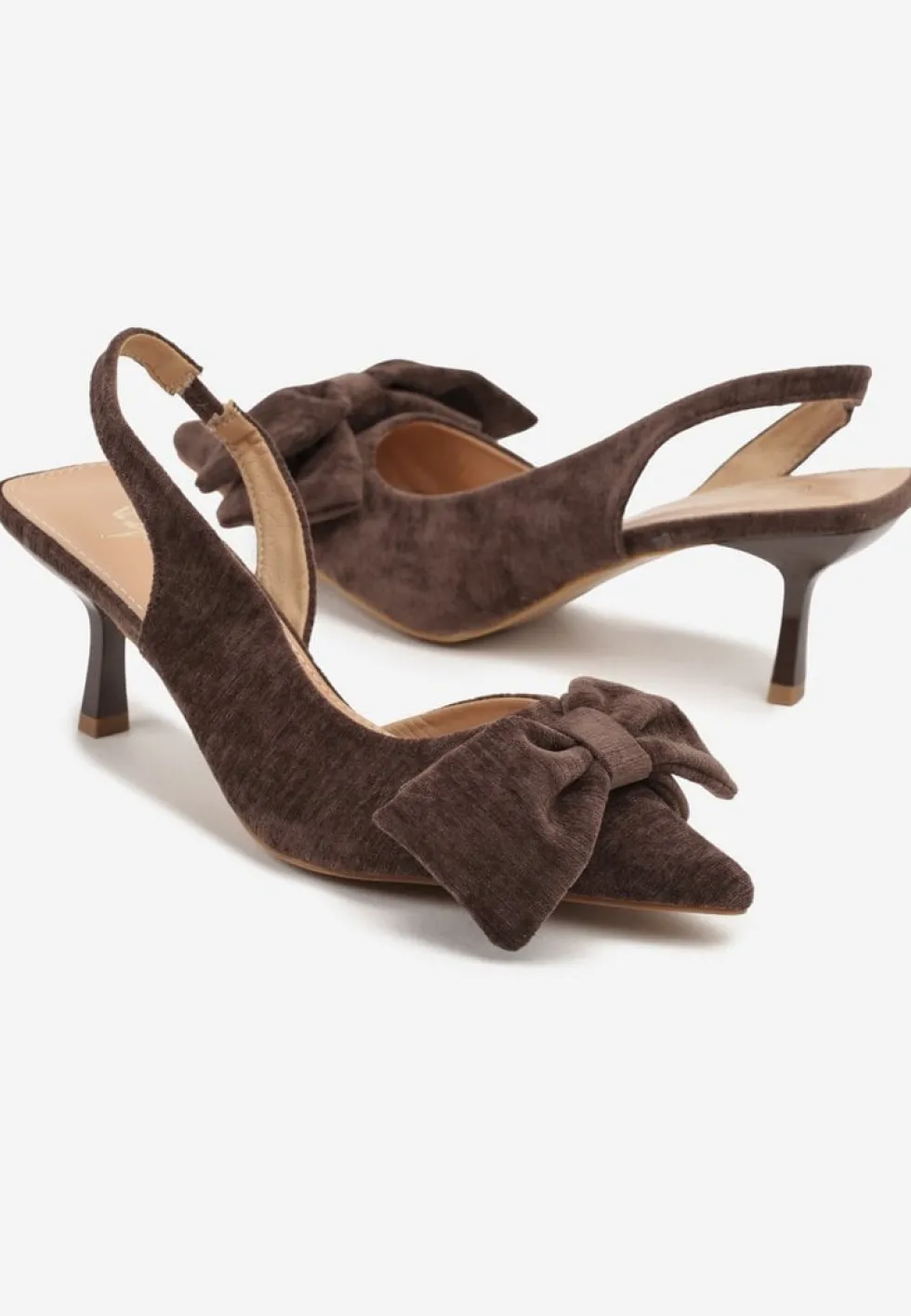 Brązowe Sandały na Szpilce Slingback z Kokardą Sunaiel